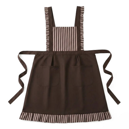 Striped Full Bib Apron with Ruffle Straps Dual Pockets and Waist Ties