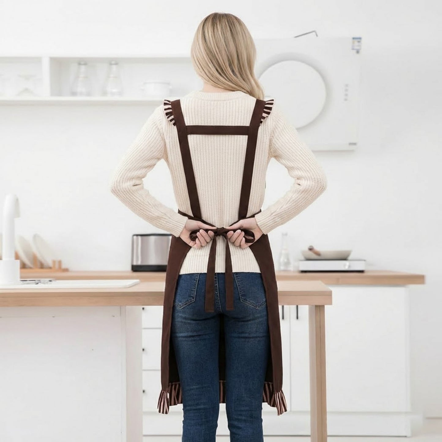 Striped Full Bib Apron with Ruffle Straps Dual Pockets and Waist Ties