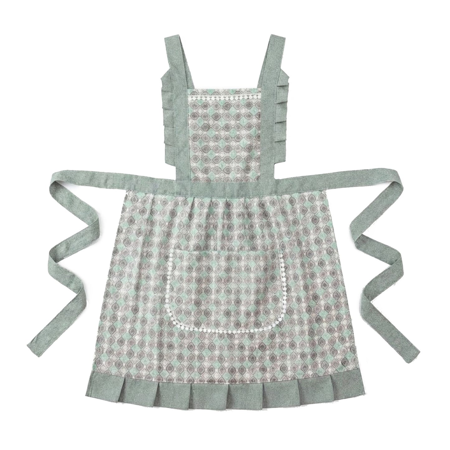 Printed Full Bib Apron with Ruffle Straps Pocket and Waist Ties
