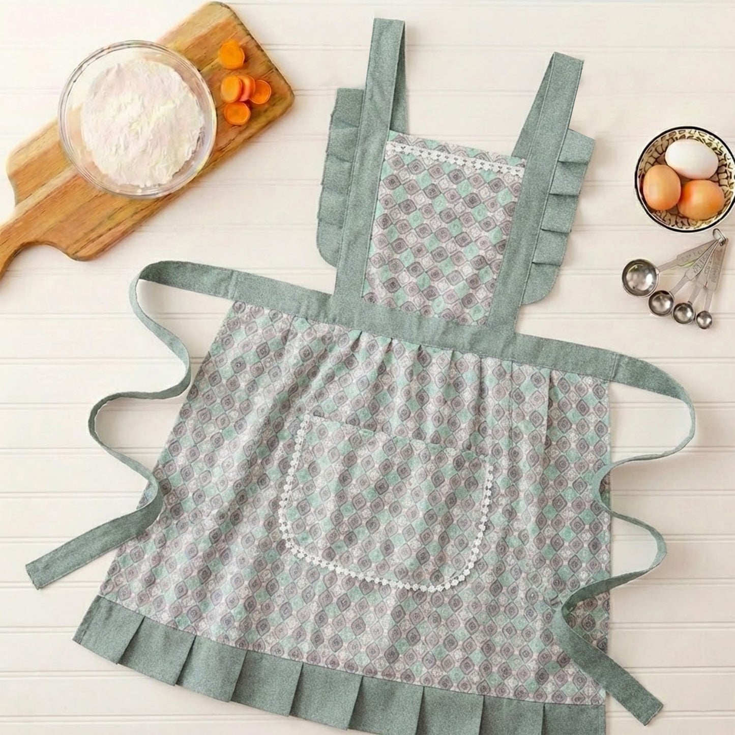 Printed Full Bib Apron with Ruffle Straps Pocket and Waist Ties