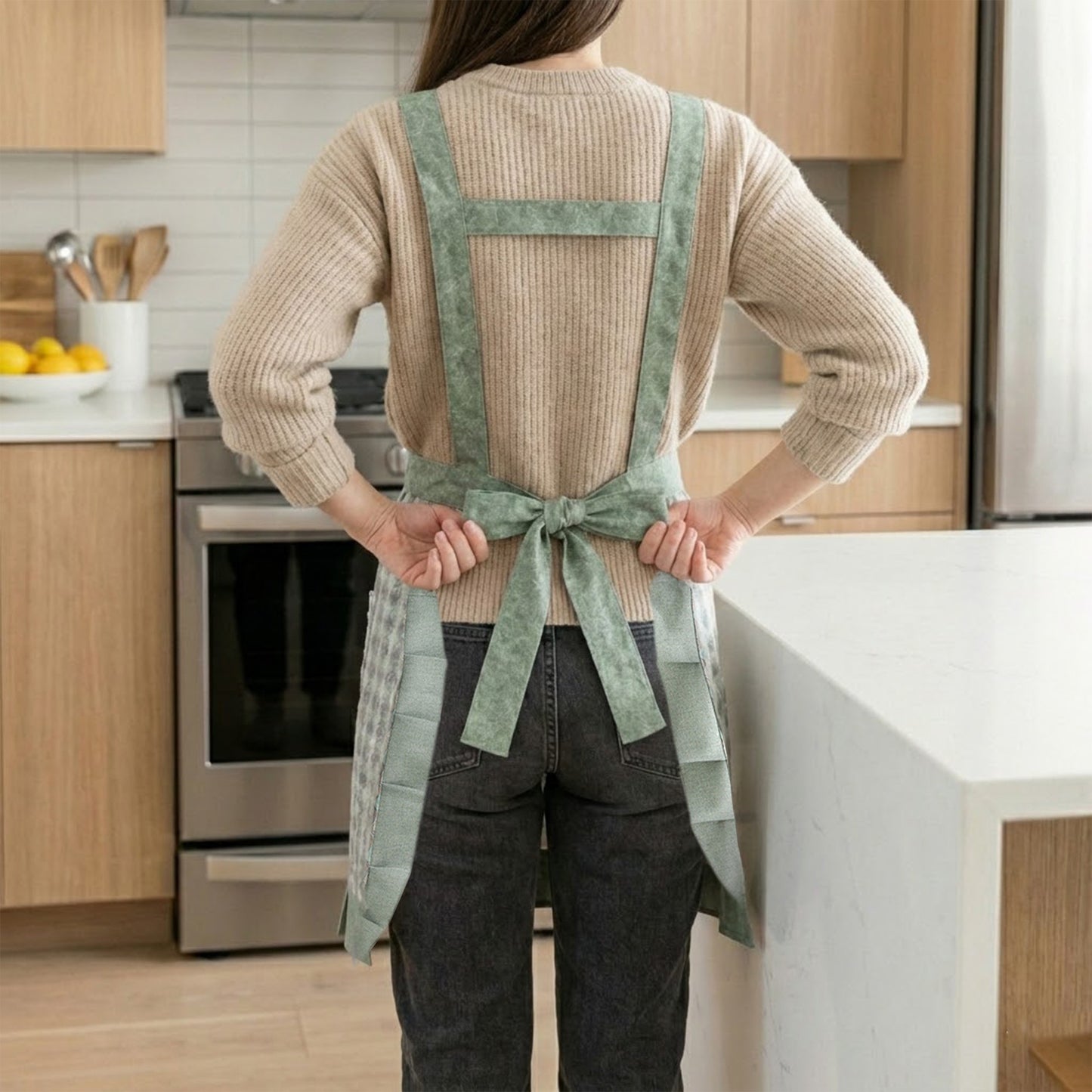 Printed Full Bib Apron with Ruffle Straps Pocket and Waist Ties