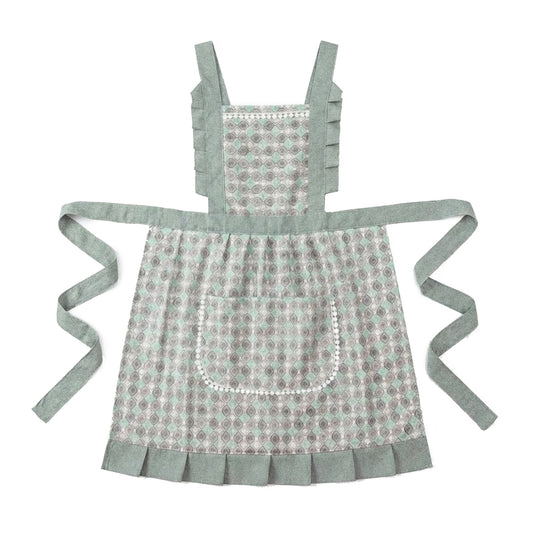 Printed Full Bib Apron with Ruffle Straps Pocket and Waist Ties