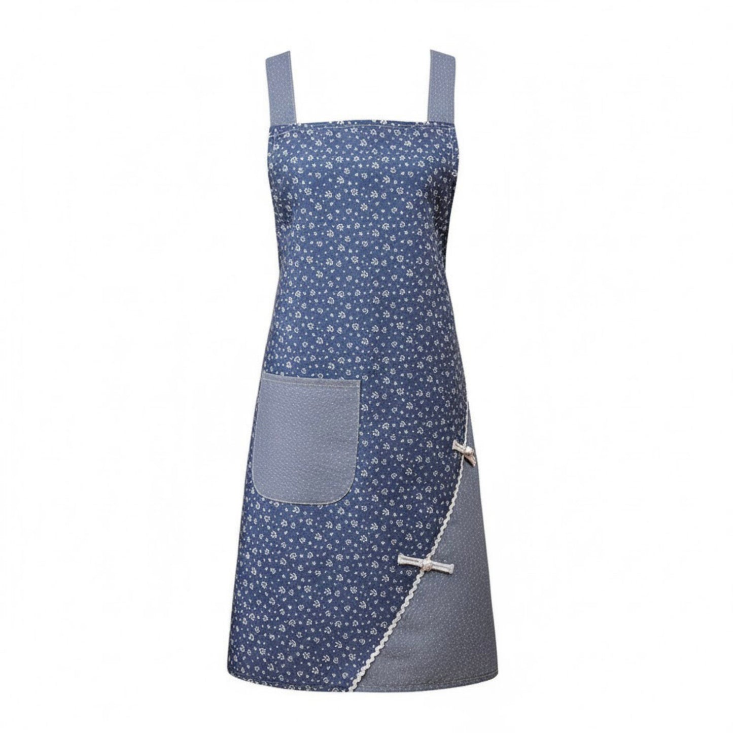 Floral Pattern Kitchen Apron with Adjustable Shoulder Straps Front Pocket and Decorative Trim Detail