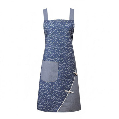 Floral Pattern Kitchen Apron with Adjustable Shoulder Straps Front Pocket and Decorative Trim Detail