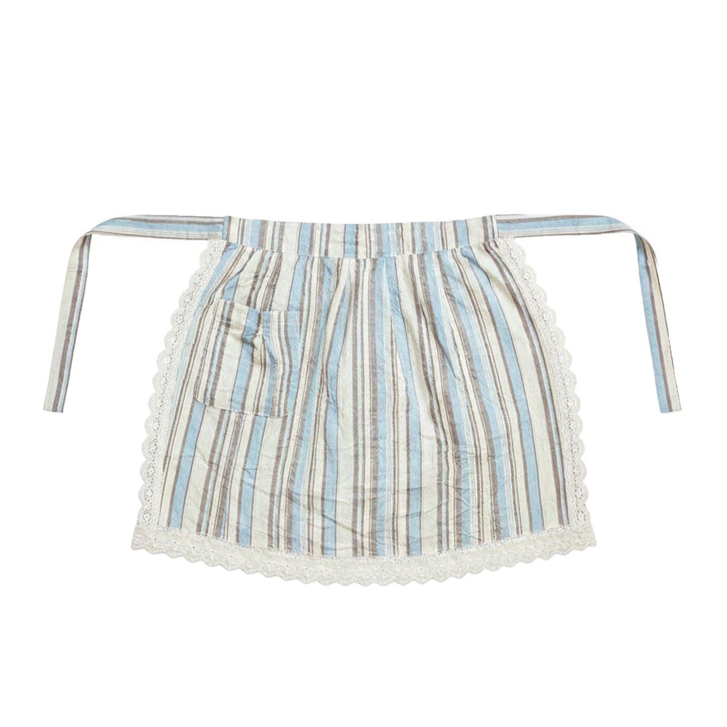 Adjustable Waist Tie Striped Apron with Lace Trim and Front Pocket