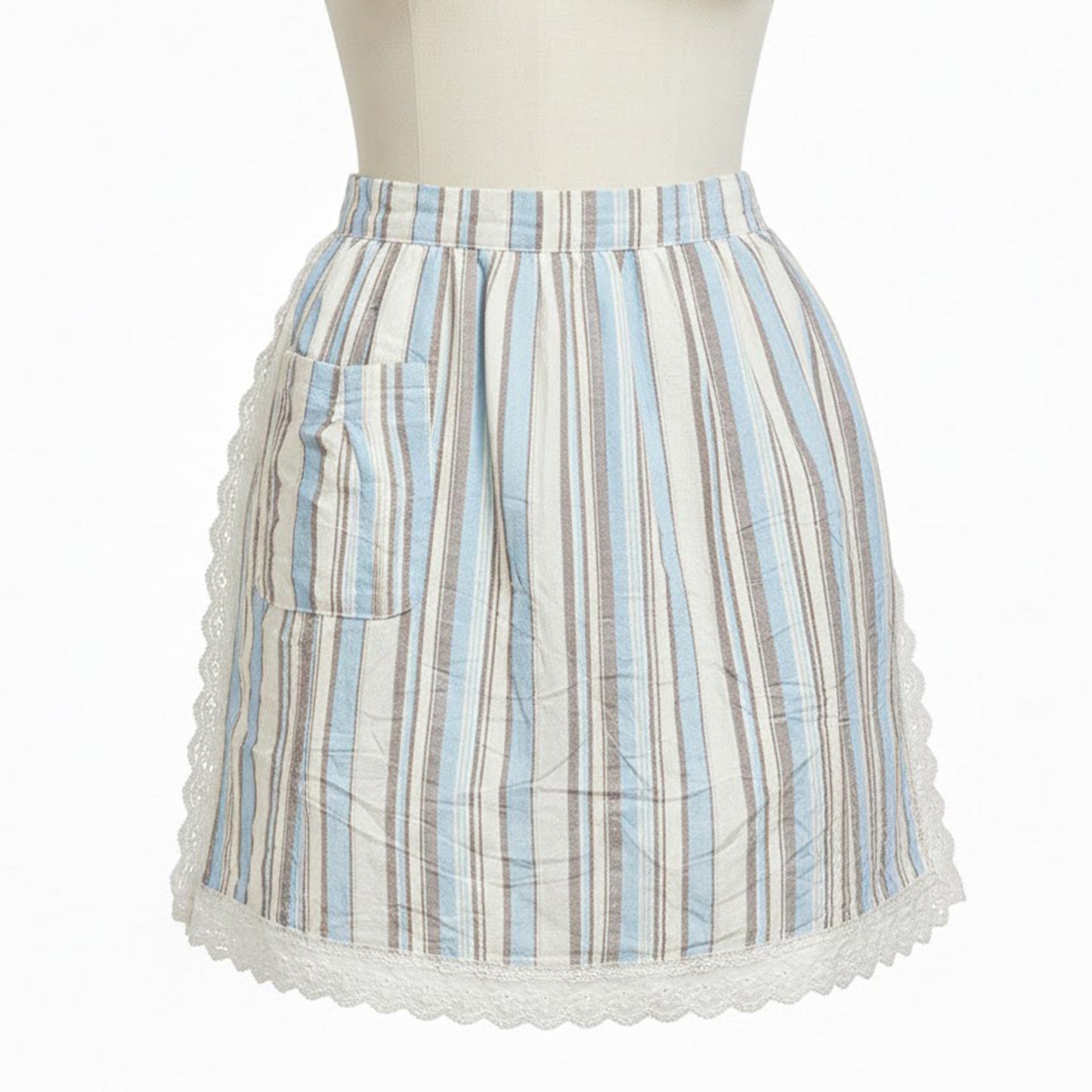 Adjustable Waist Tie Striped Apron with Lace Trim and Front Pocket
