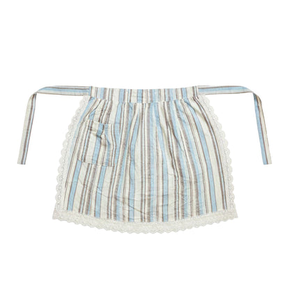Adjustable Waist Tie Striped Apron with Lace Trim and Front Pocket