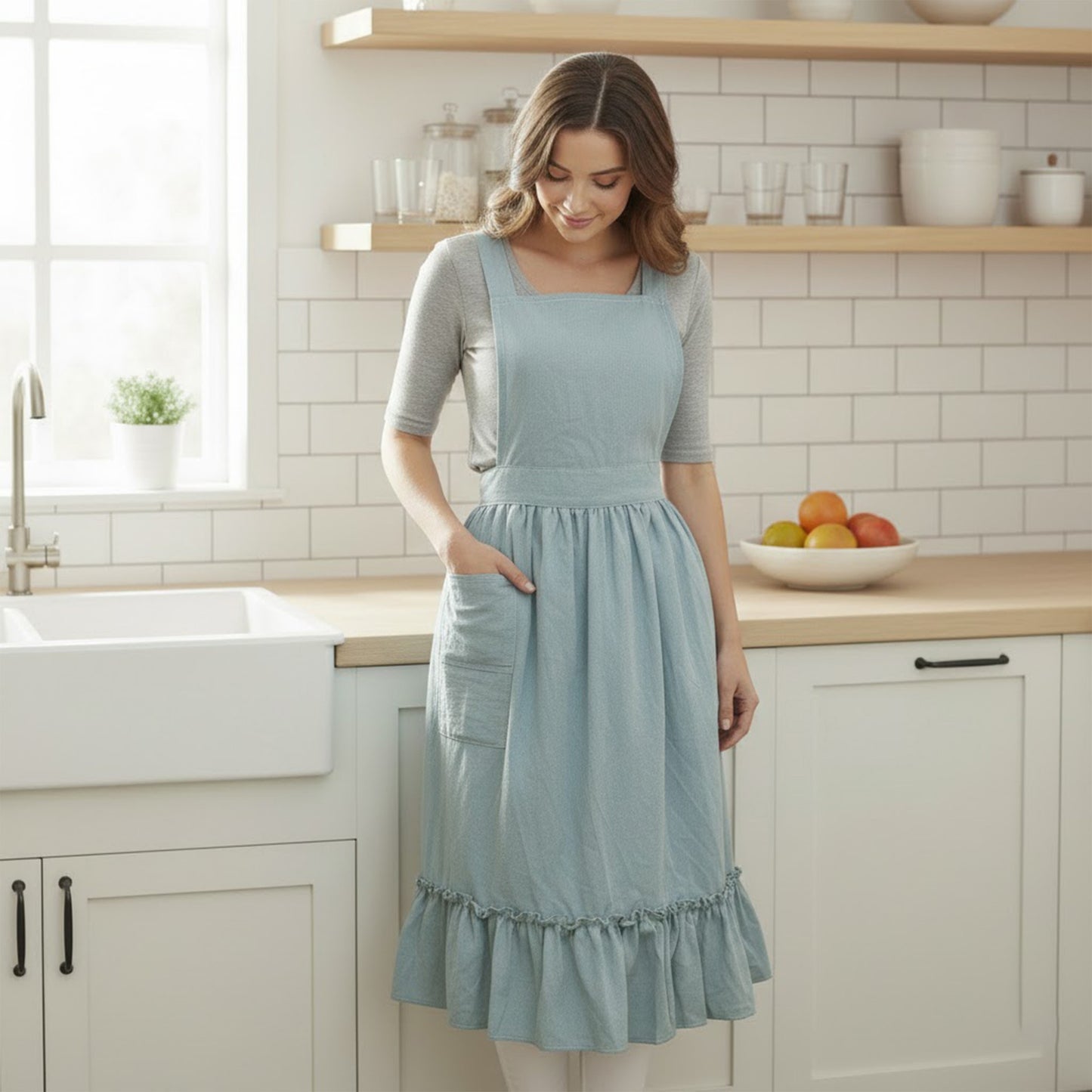 Adjustable Strap Ruffle Hem Apron with Front Pocket and Soft Fabric Design