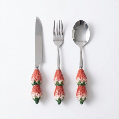 Strawberry Handle Flatware 3 Piece Set with Decorative Sculpted Design and Polished Metal Utensils
