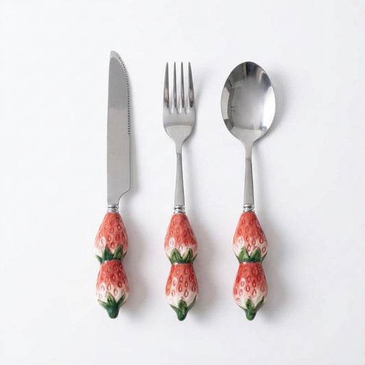Strawberry Handle Flatware 3 Piece Set with Decorative Sculpted Design and Polished Metal Utensils