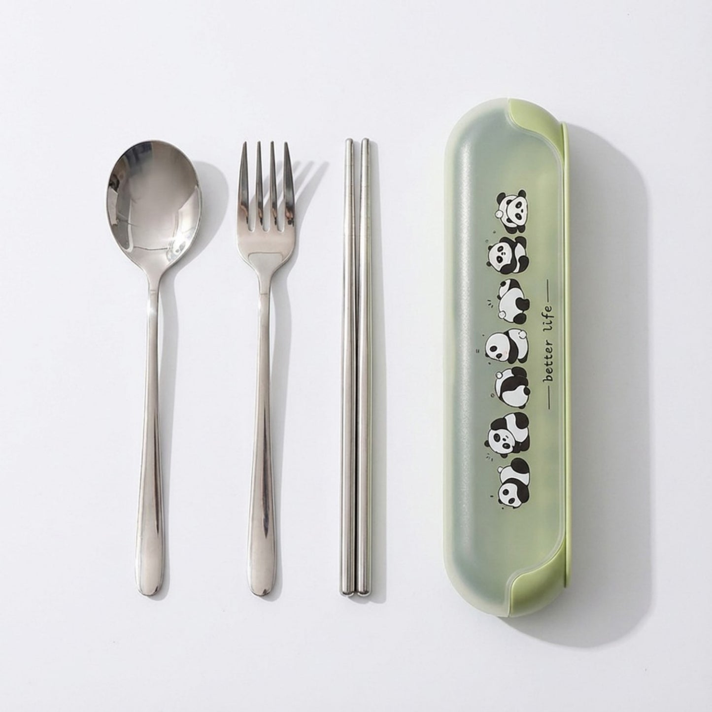 Panda Print Portable Cutlery Set with Storage Case Spoon Fork Chopsticks Travel Tableware