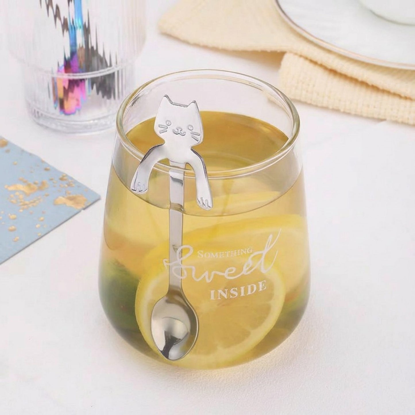 Cat Shaped Spoon Set Polished Metal Decorative Handle Cute Table Spoon 6 Piece Set