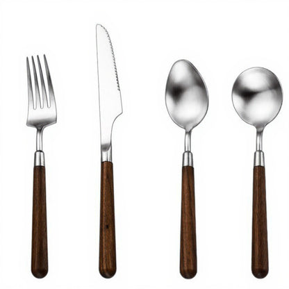 Wooden Handle Stainless Steel Flatware Set with Fork Knife and Spoons 4 Piece Set