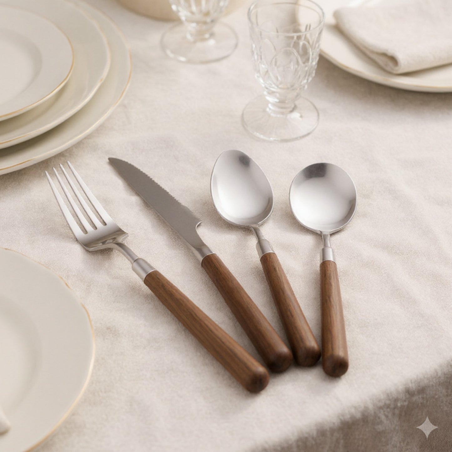 Wooden Handle Stainless Steel Flatware Set with Fork Knife and Spoons 4 Piece Set