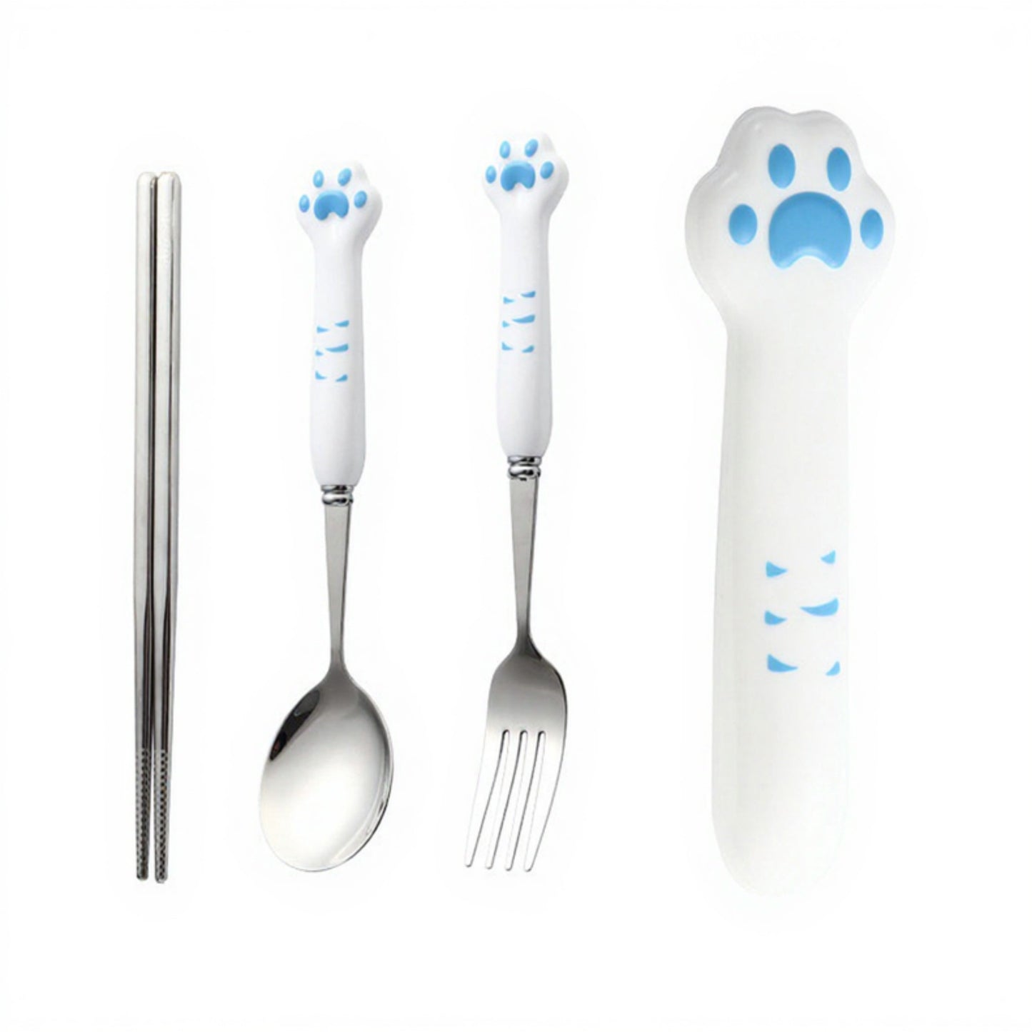 Paw Handle Stainless Steel Kids Flatware Set with Spoon Fork Chopsticks and Storage Case