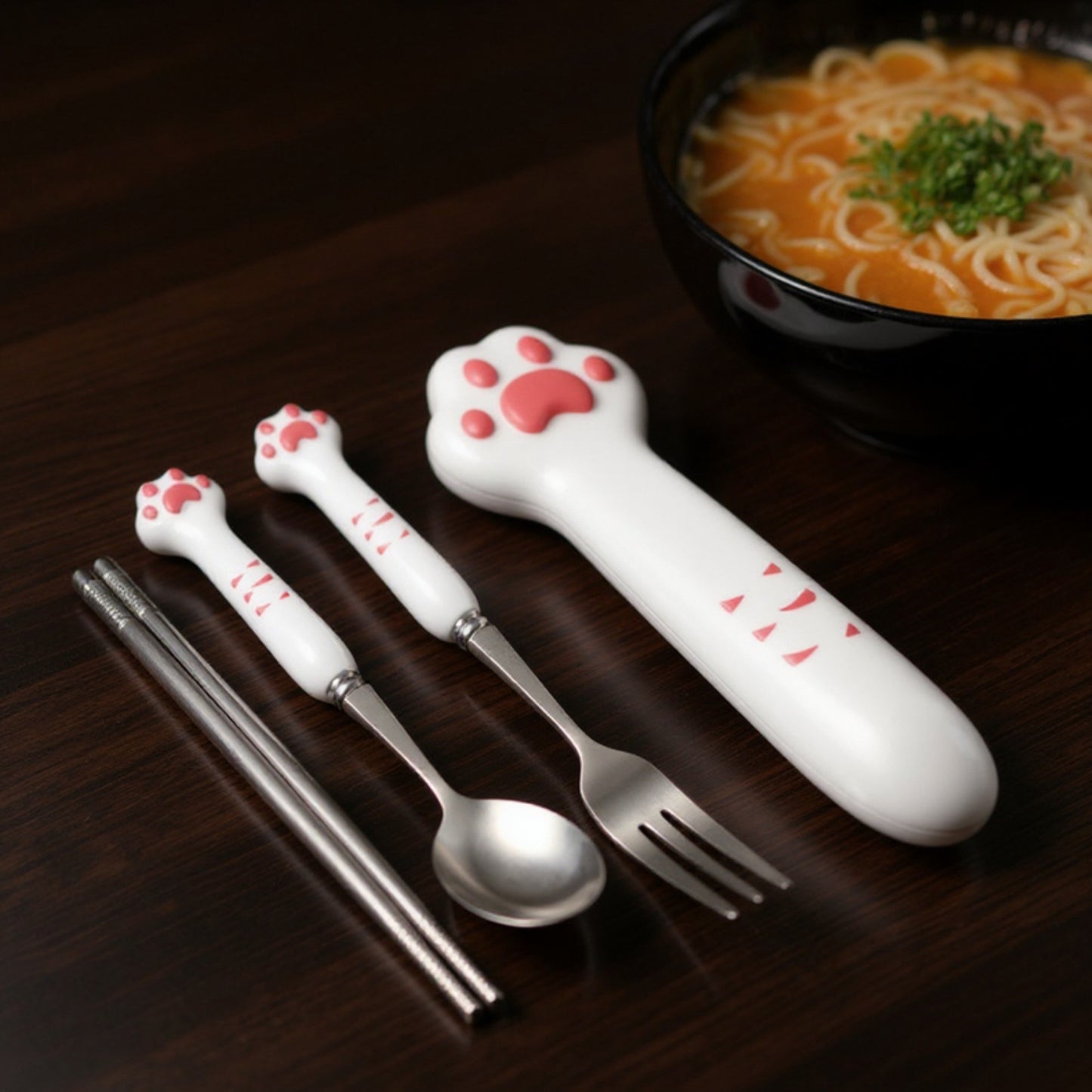 Paw Handle Stainless Steel Kids Flatware Set with Spoon Fork Chopsticks and Storage Case