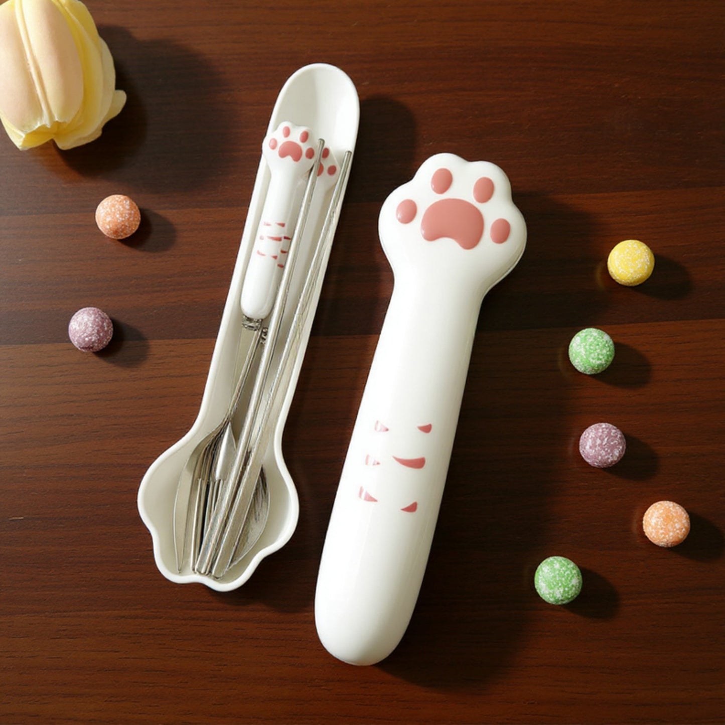 Paw Handle Stainless Steel Kids Flatware Set with Spoon Fork Chopsticks and Storage Case