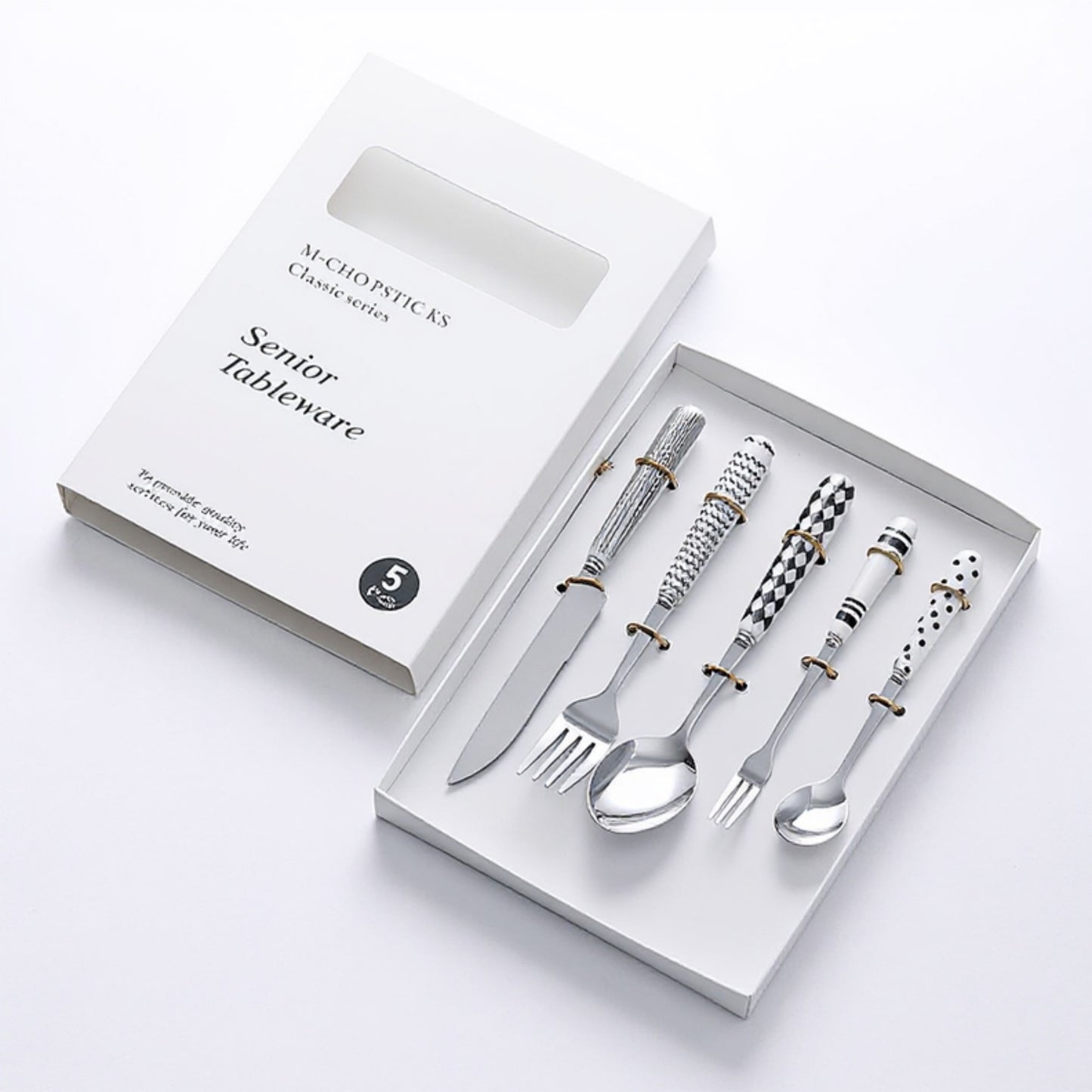Mixed Handle Stainless Steel Flatware Set with Patterned Grip Design 5 Piece Set