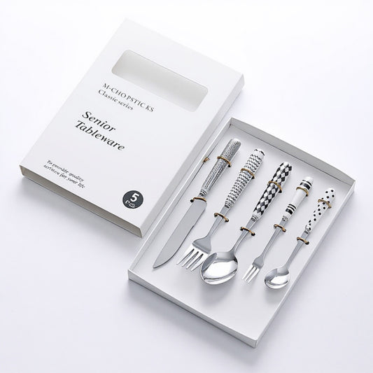 Mixed Handle Stainless Steel Flatware Set with Patterned Grip Design 5 Piece Set