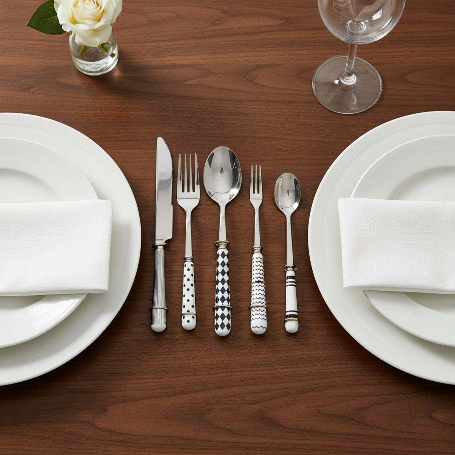 Mixed Handle Stainless Steel Flatware Set with Patterned Grip Design 5 Piece Set