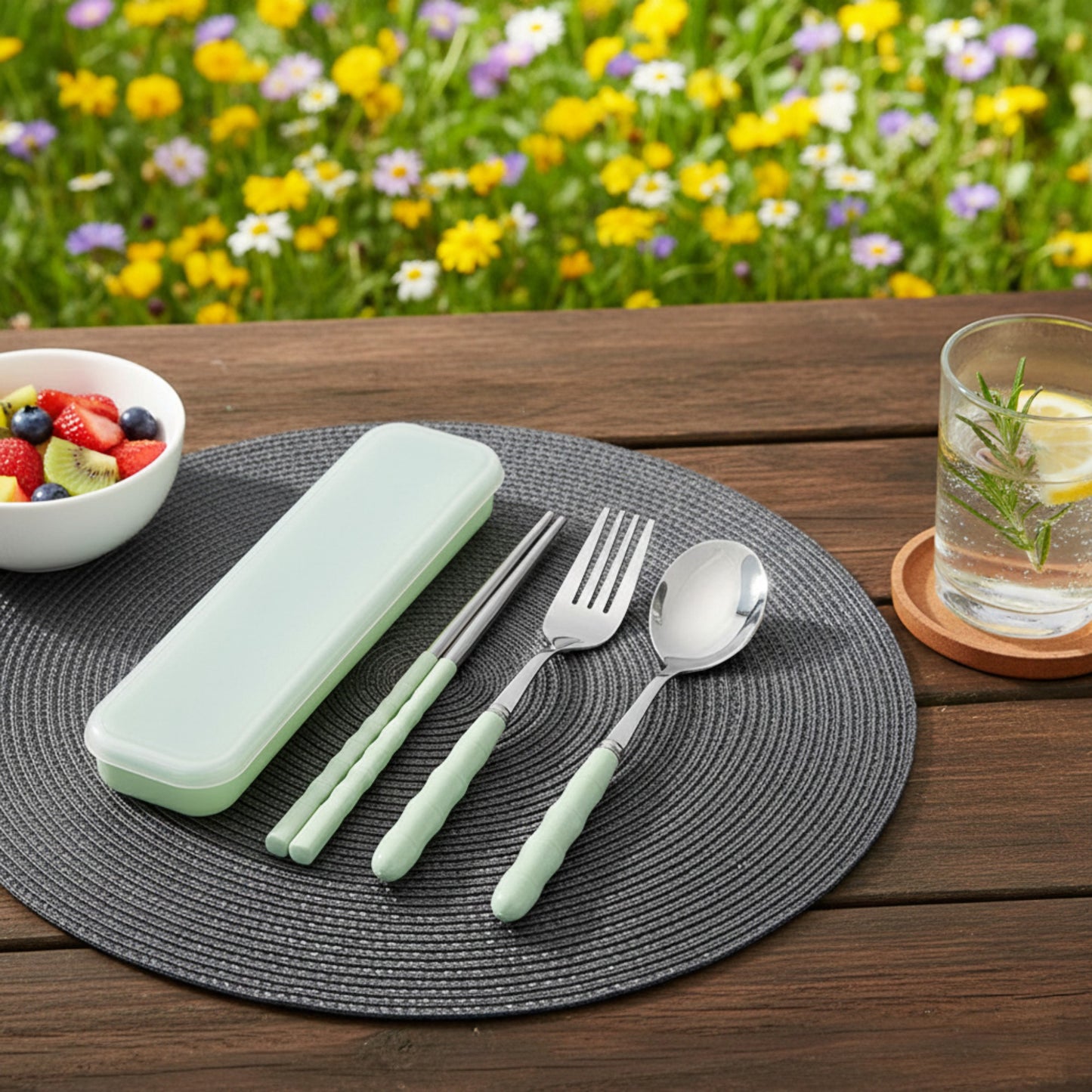 Reusable Travel Cutlery Set with Chopsticks Fork Spoon and Storage Case