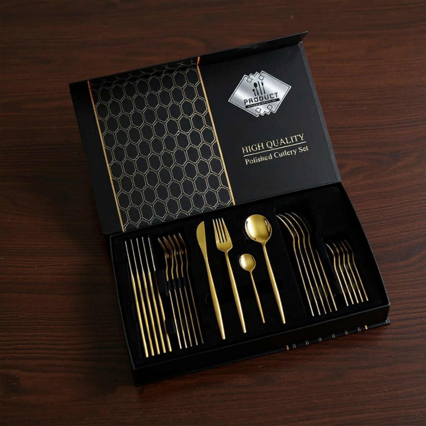 Polished Cutlery Set with Coordinated Flatware Pieces and Decorative Storage Box