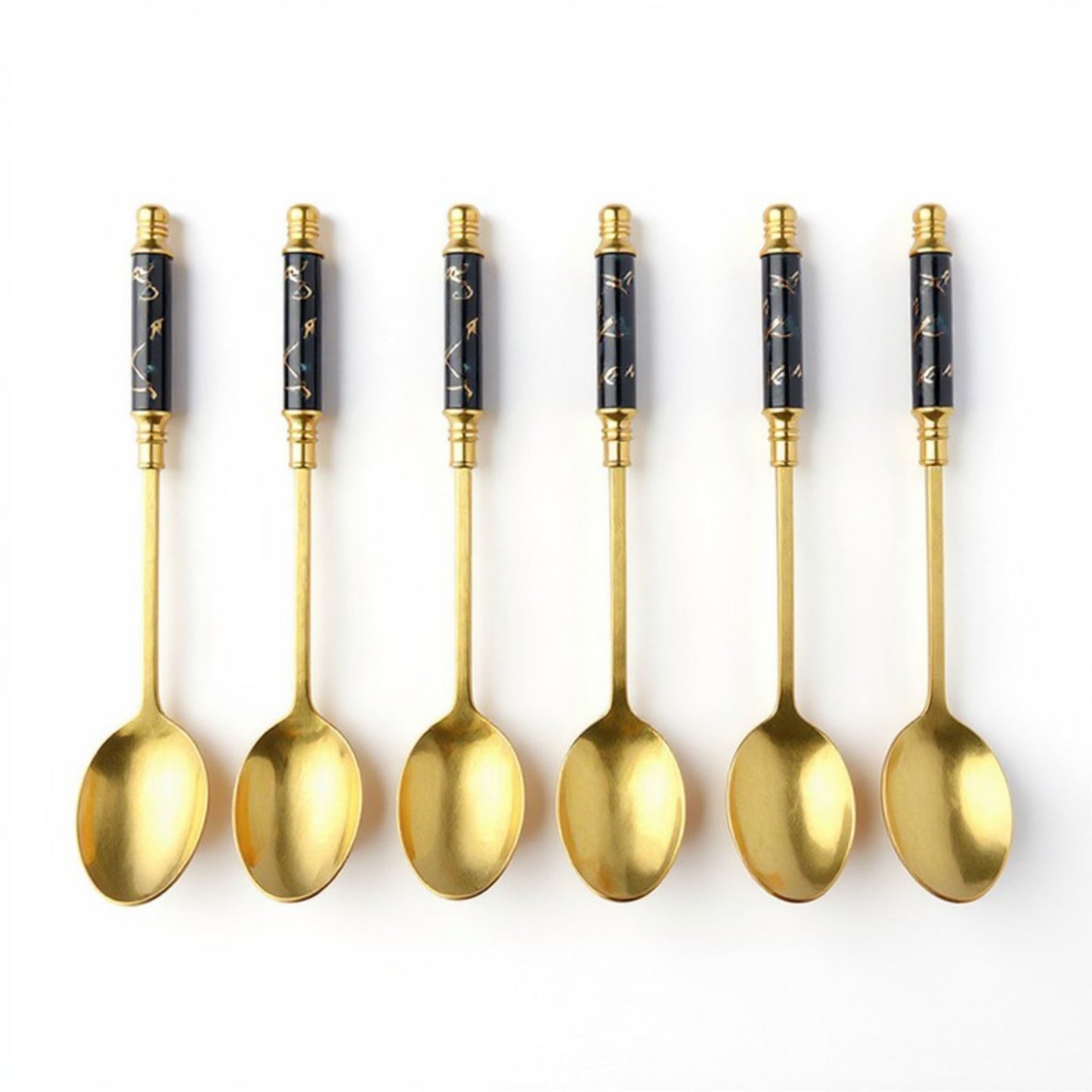 Decorative Teaspoon Set with Gold Tone Finish and Patterned Handle Design