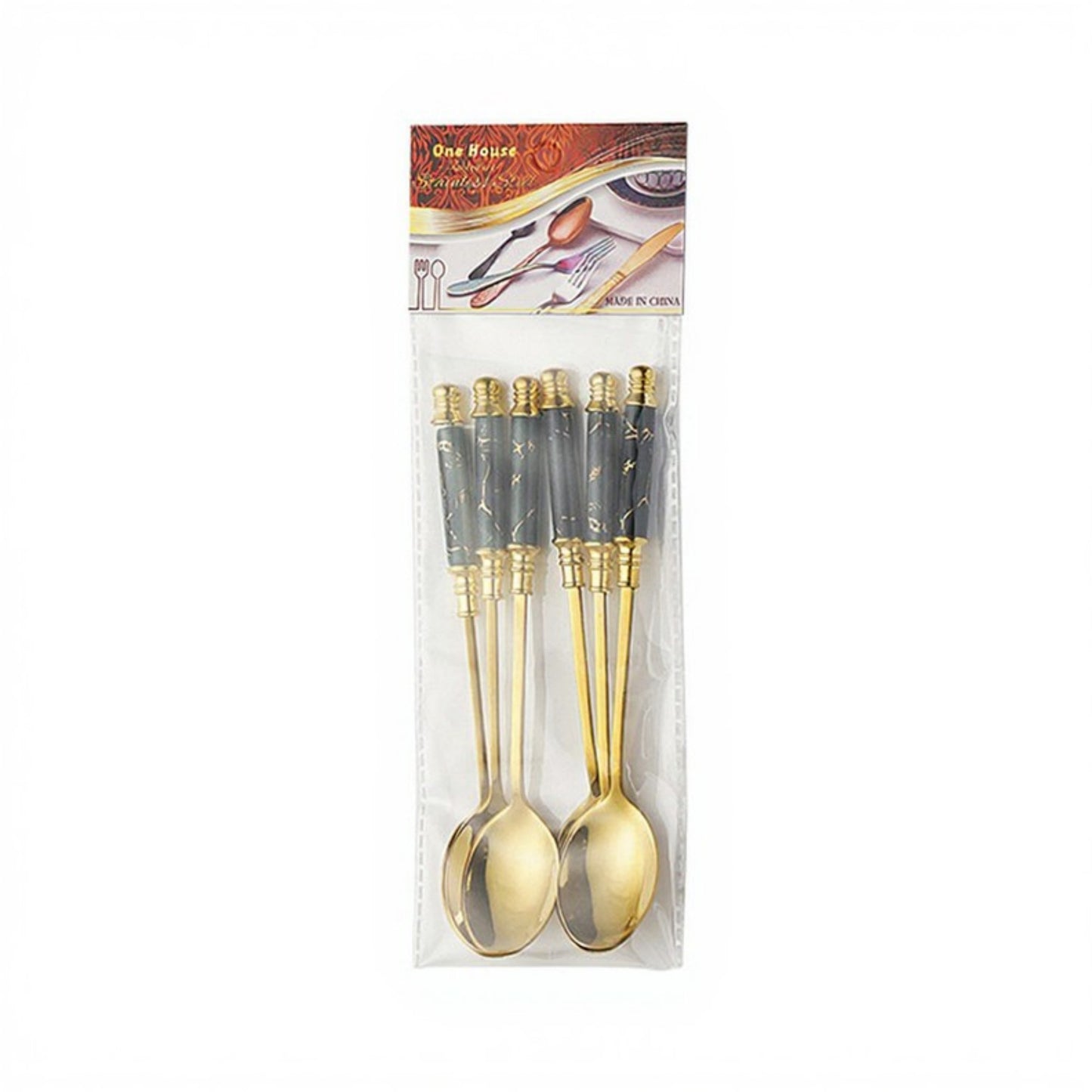 Decorative Teaspoon Set with Gold Tone Finish and Patterned Handle Design