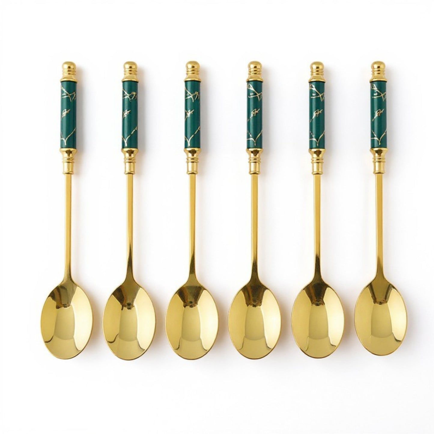 Decorative Teaspoon Set with Gold Tone Finish and Patterned Handle Design