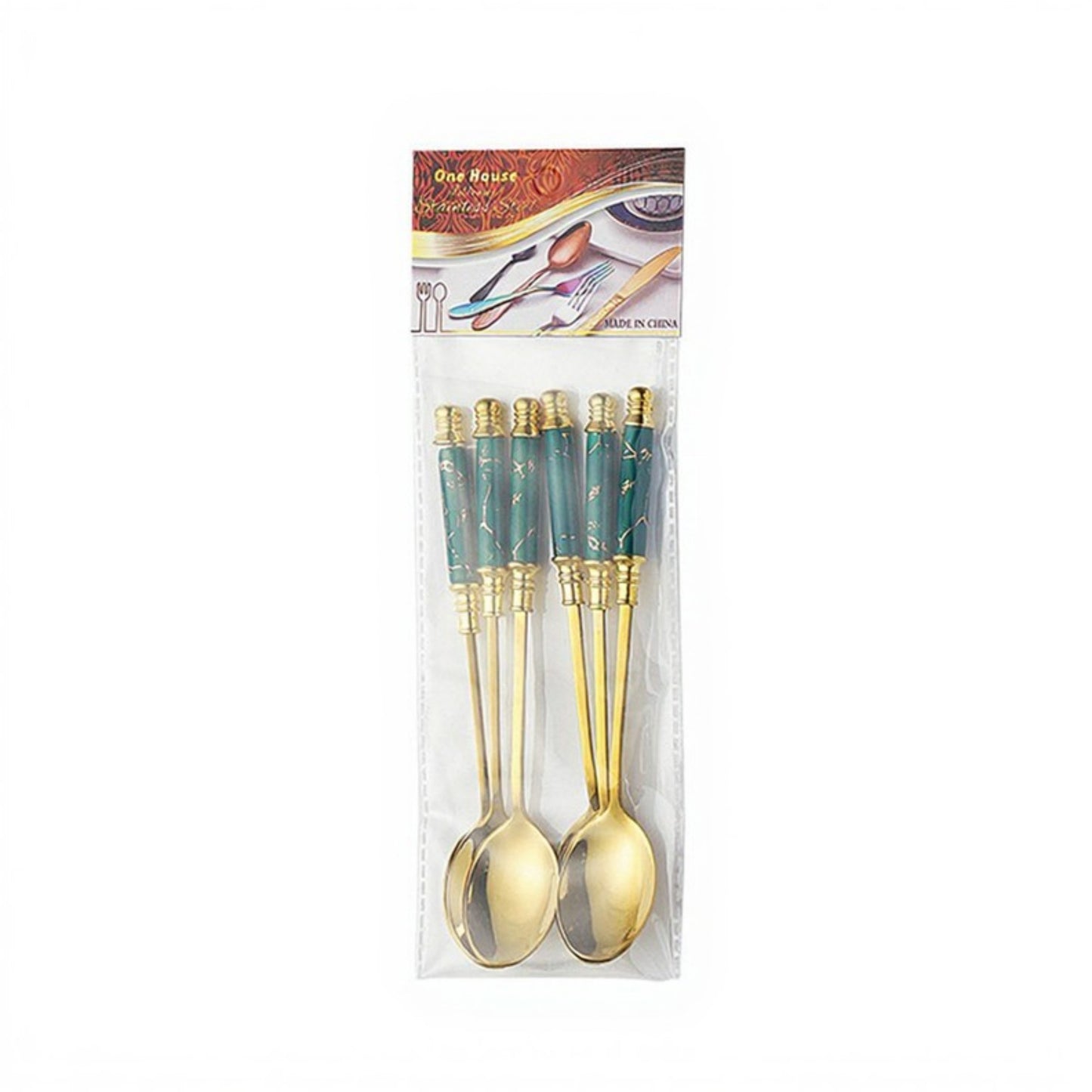 Decorative Teaspoon Set with Gold Tone Finish and Patterned Handle Design