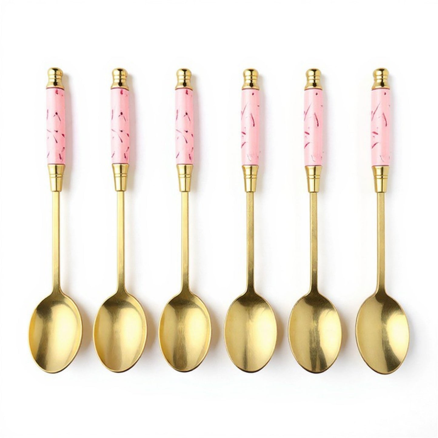 Decorative Teaspoon Set with Gold Tone Finish and Patterned Handle Design