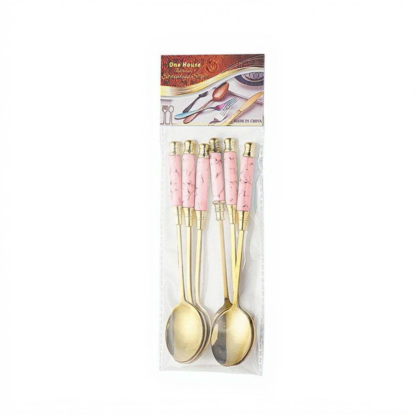 Decorative Teaspoon Set with Gold Tone Finish and Patterned Handle Design