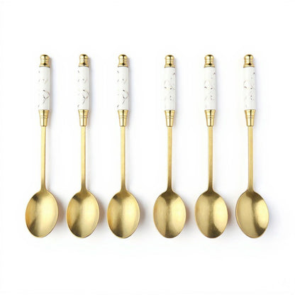 Decorative Teaspoon Set with Gold Tone Finish and Patterned Handle Design