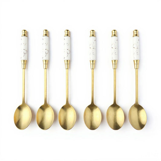 Decorative Teaspoon Set with Gold Tone Finish and Patterned Handle Design