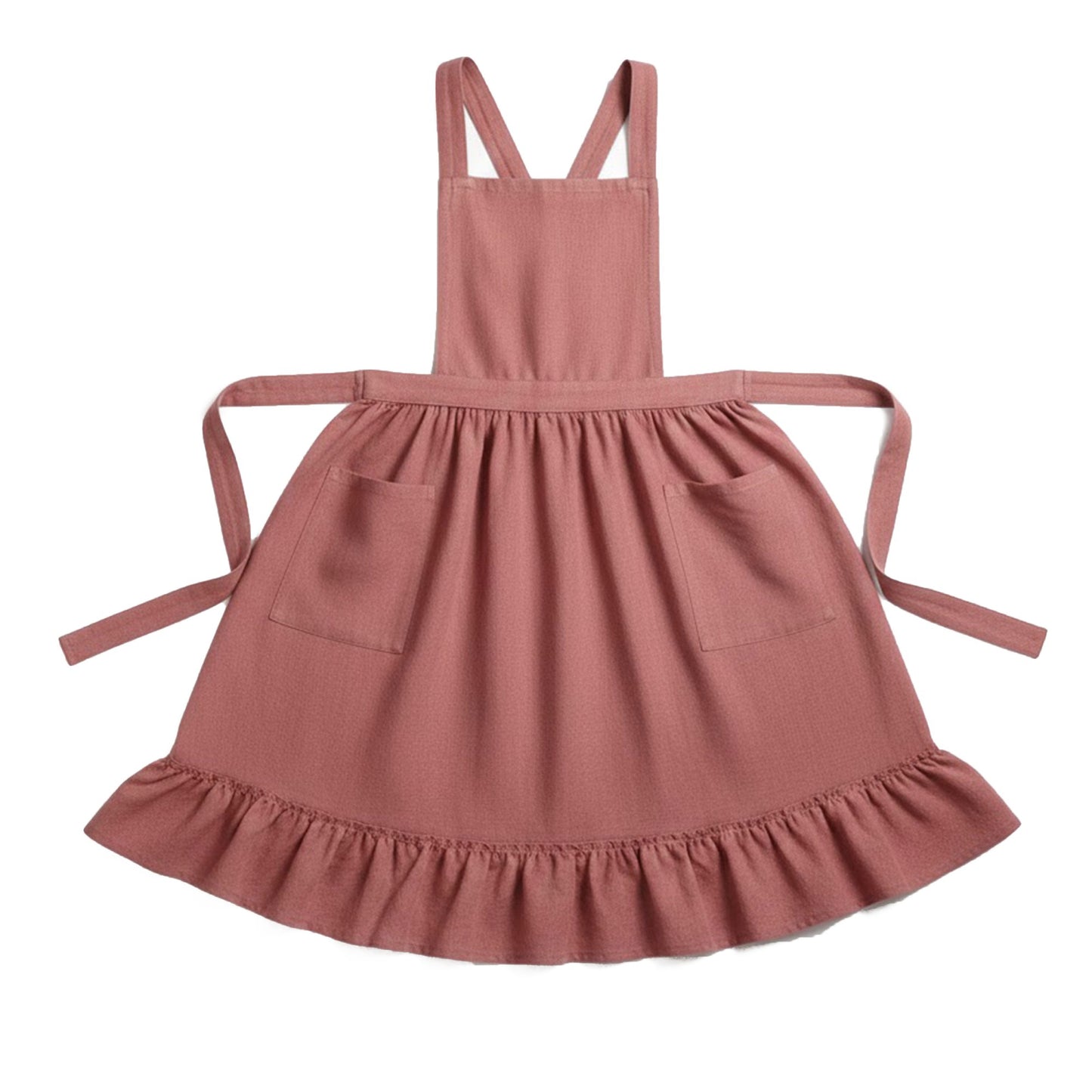 Adjustable Cross Back Ruffle Hem Apron with Front Pockets and Soft Fabric Design