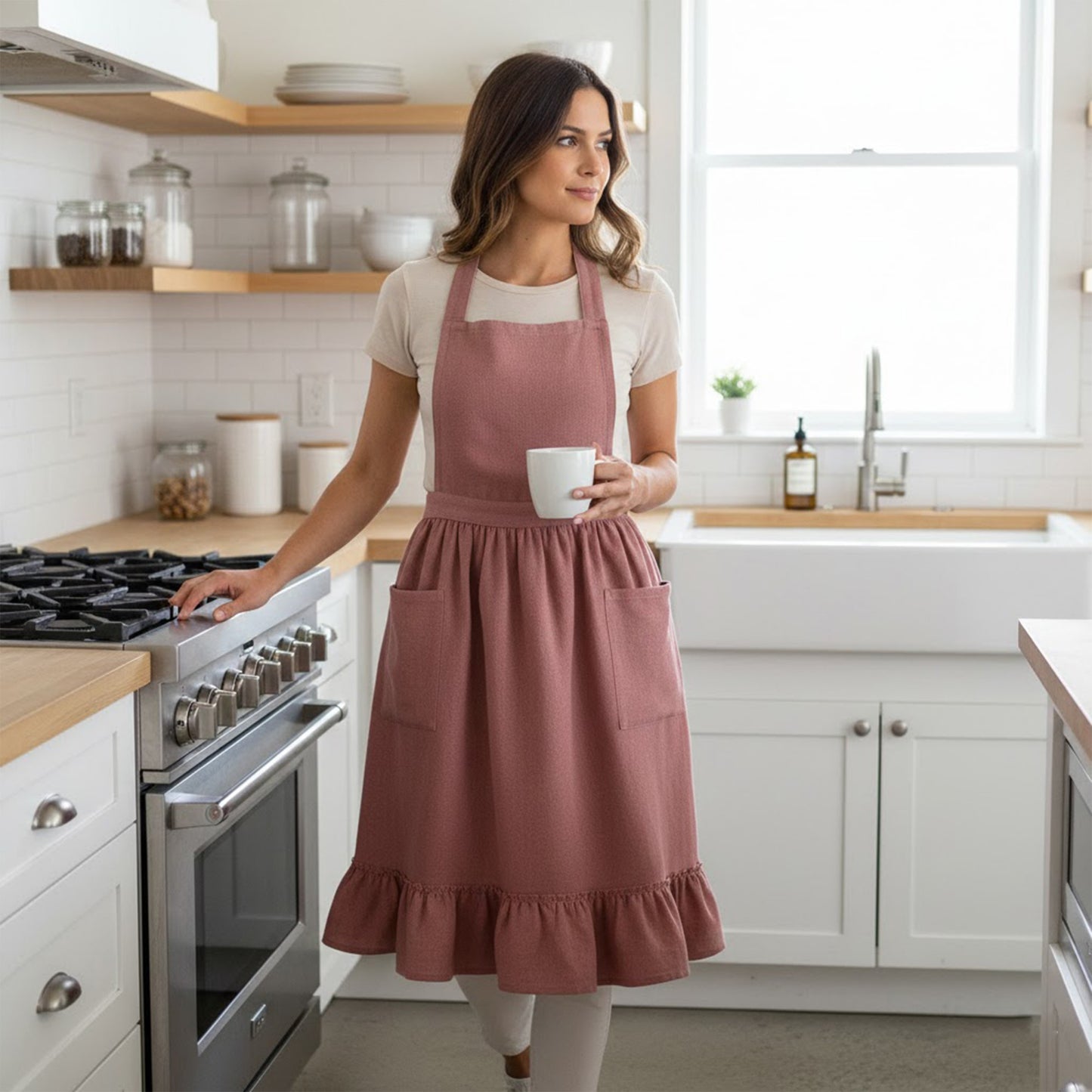 Adjustable Cross Back Ruffle Hem Apron with Front Pockets and Soft Fabric Design
