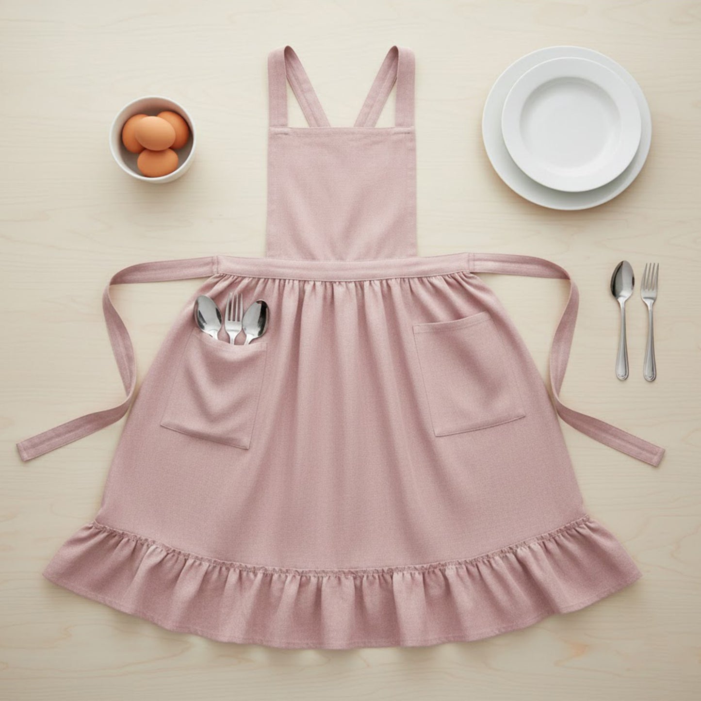 Adjustable Cross Back Ruffle Hem Apron with Front Pockets and Soft Fabric Design