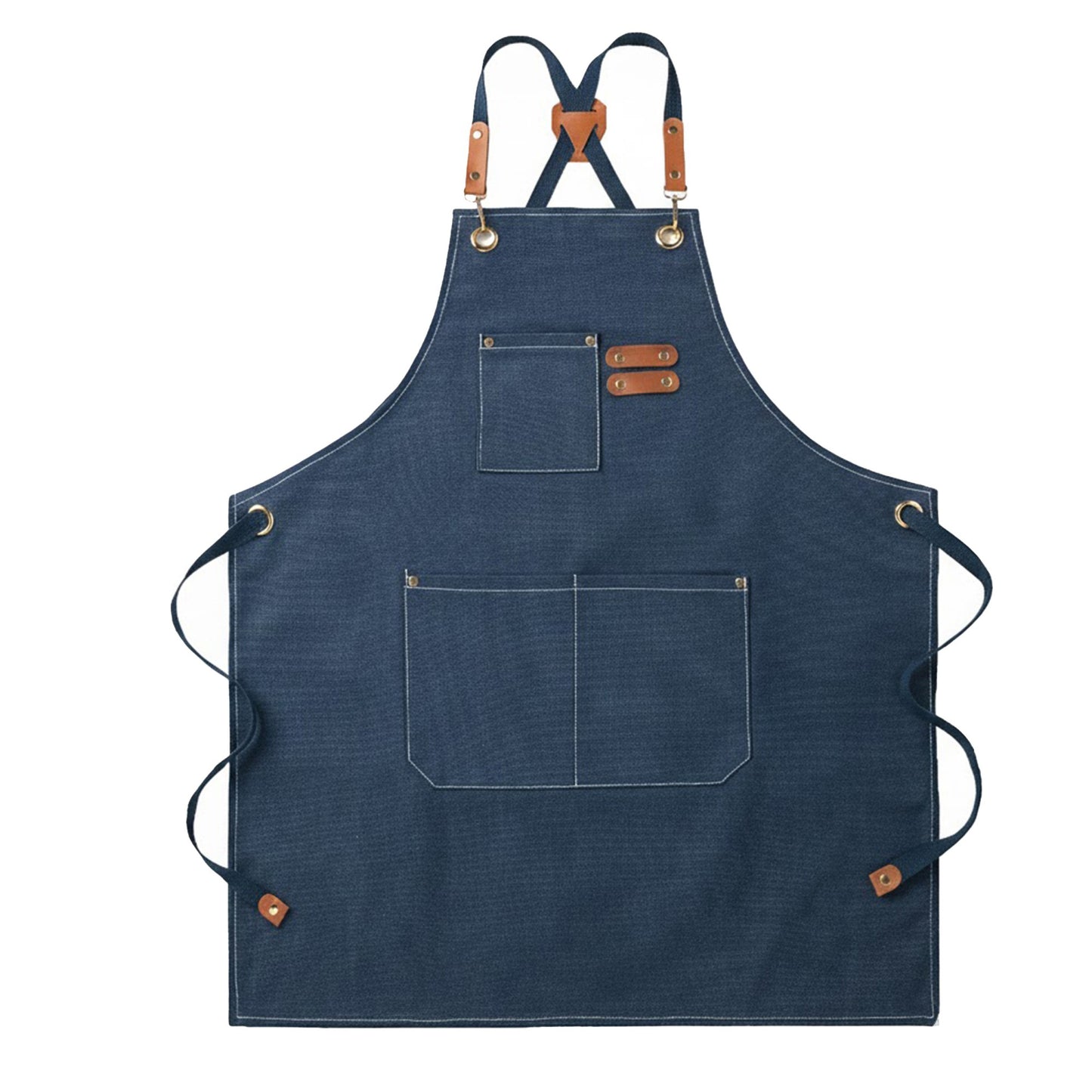 Adjustable Cross Back Denim Utility Apron with Multi Pocket Storage and Reinforced Hardware