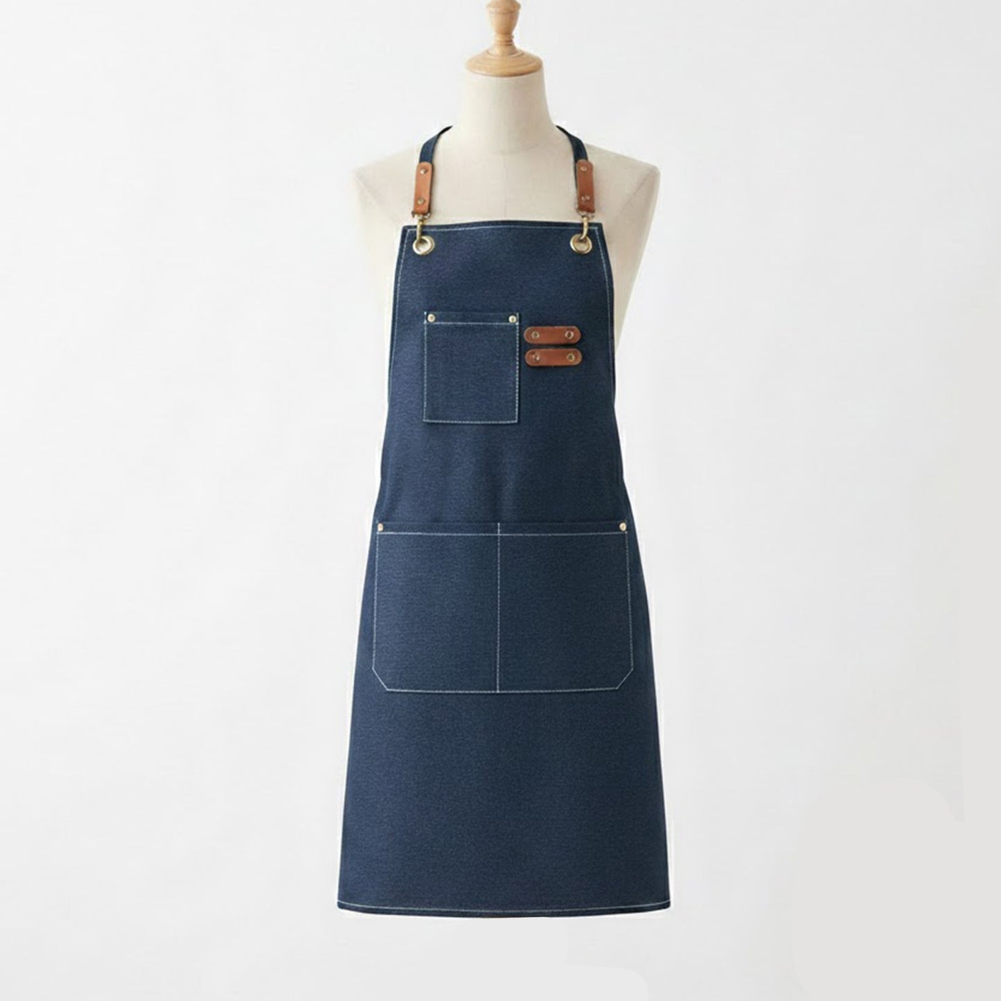 Adjustable Cross Back Denim Utility Apron with Multi Pocket Storage and Reinforced Hardware