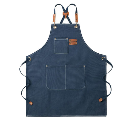 Adjustable Cross Back Denim Utility Apron with Multi Pocket Storage and Reinforced Hardware