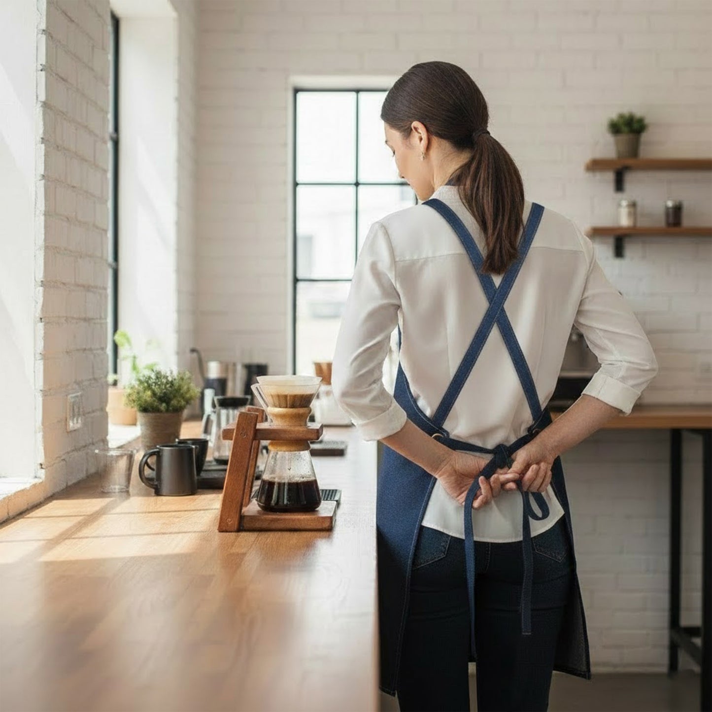 Adjustable Cross Back Denim Utility Apron with Multi Pocket Storage and Reinforced Hardware