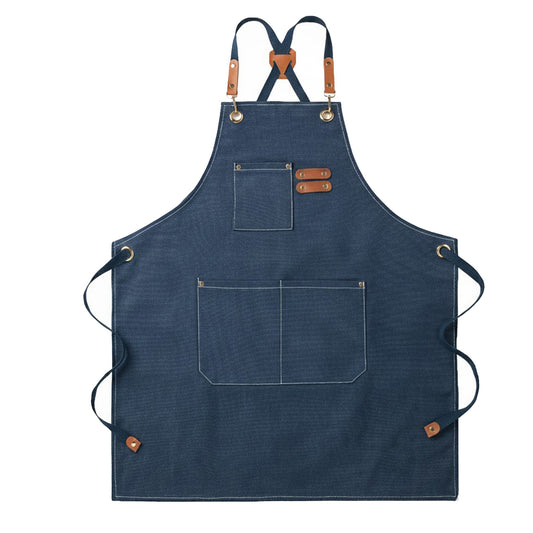 Adjustable Cross Back Denim Utility Apron with Multi Pocket Storage and Reinforced Hardware