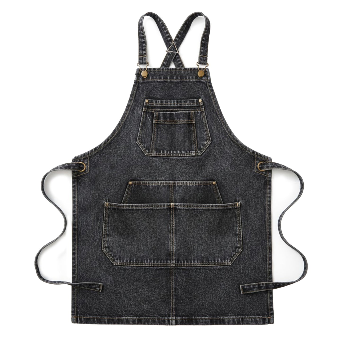 Adjustable Cross Back Denim Utility Apron with Multi Pocket Storage and Reinforced Hardware Design