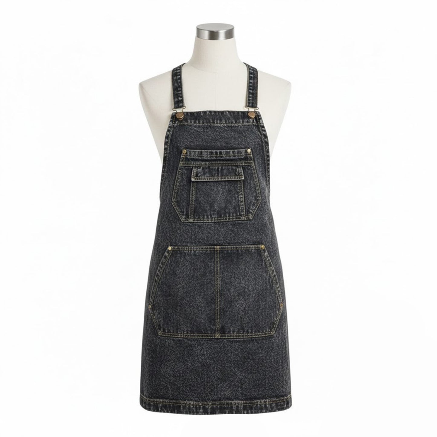 Adjustable Cross Back Denim Utility Apron with Multi Pocket Storage and Reinforced Hardware Design