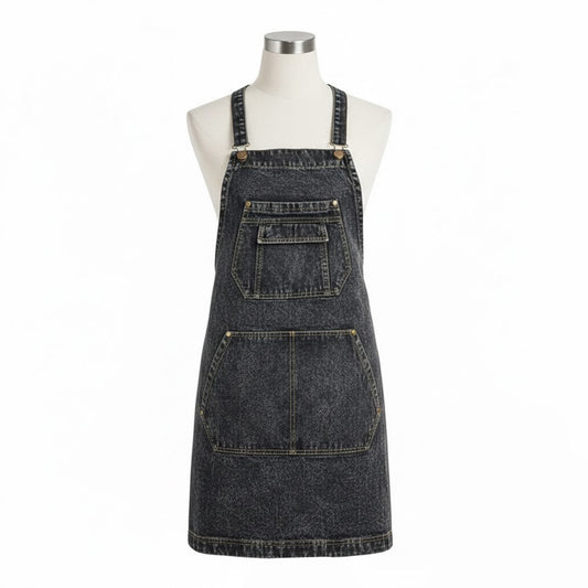 Adjustable Cross Back Denim Utility Apron with Multi Pocket Storage and Reinforced Hardware Design