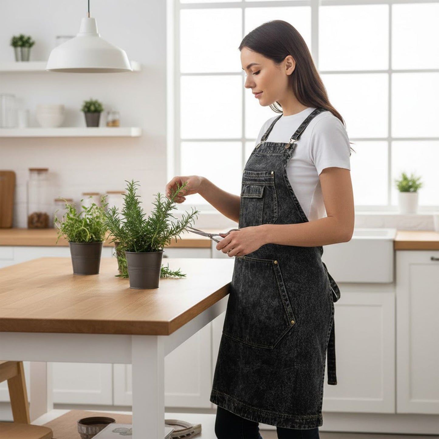 Adjustable Cross Back Denim Utility Apron with Multi Pocket Storage and Reinforced Hardware Design