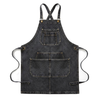 Adjustable Cross Back Denim Utility Apron with Multi Pocket Storage and Reinforced Hardware Design