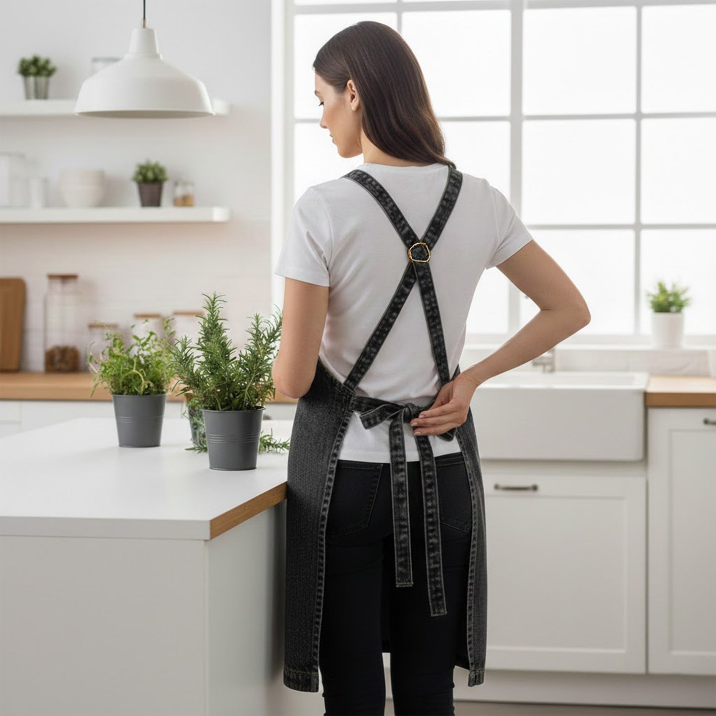Adjustable Cross Back Denim Utility Apron with Multi Pocket Storage and Reinforced Hardware Design