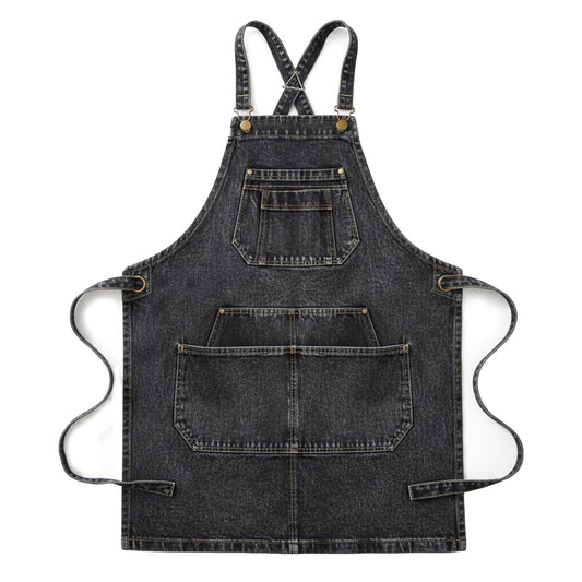 Adjustable Cross Back Denim Utility Apron with Multi Pocket Storage and Reinforced Hardware Design