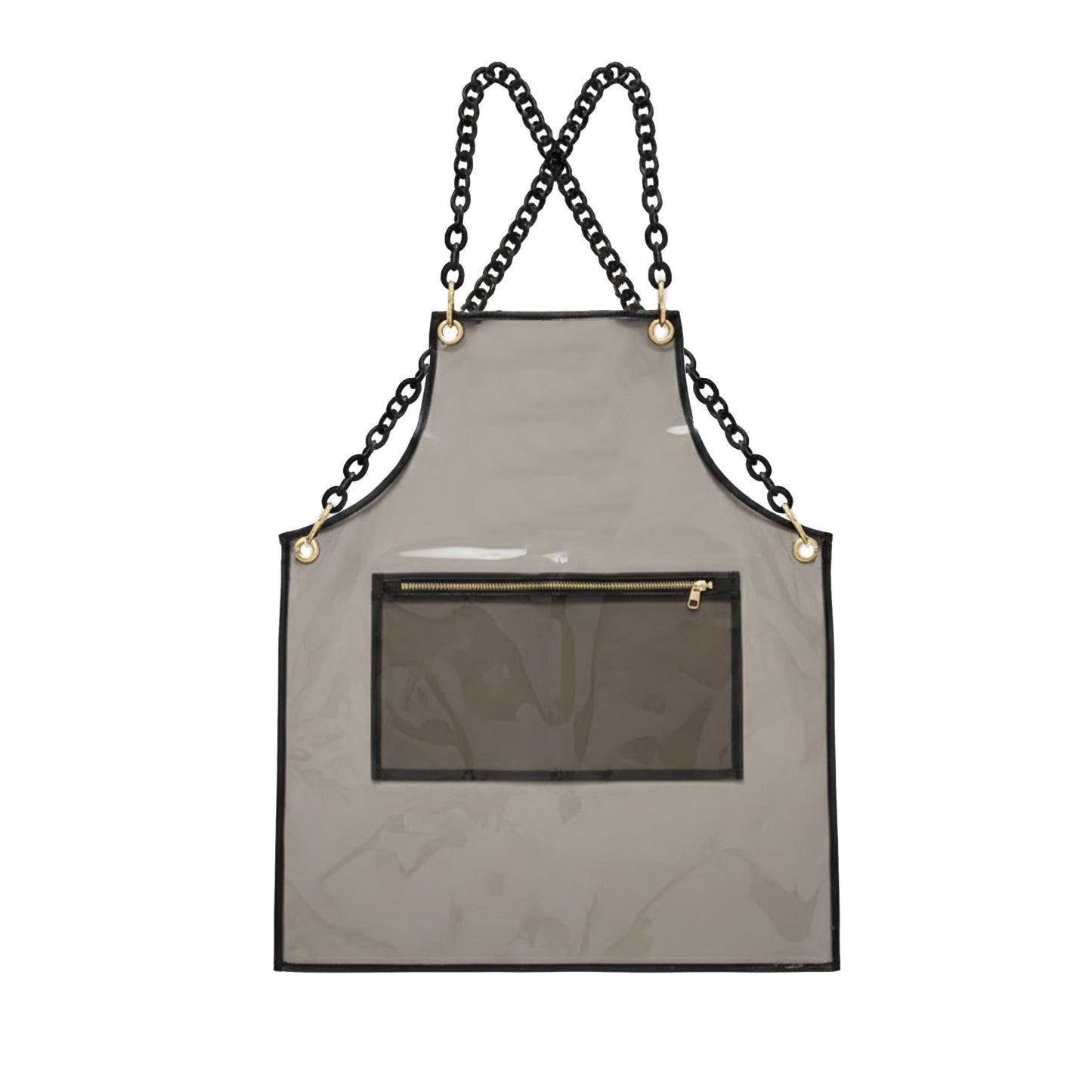 Adjustable Cross Back Transparent Utility Apron with Chain Strap Detail and Zippered Front Pocket